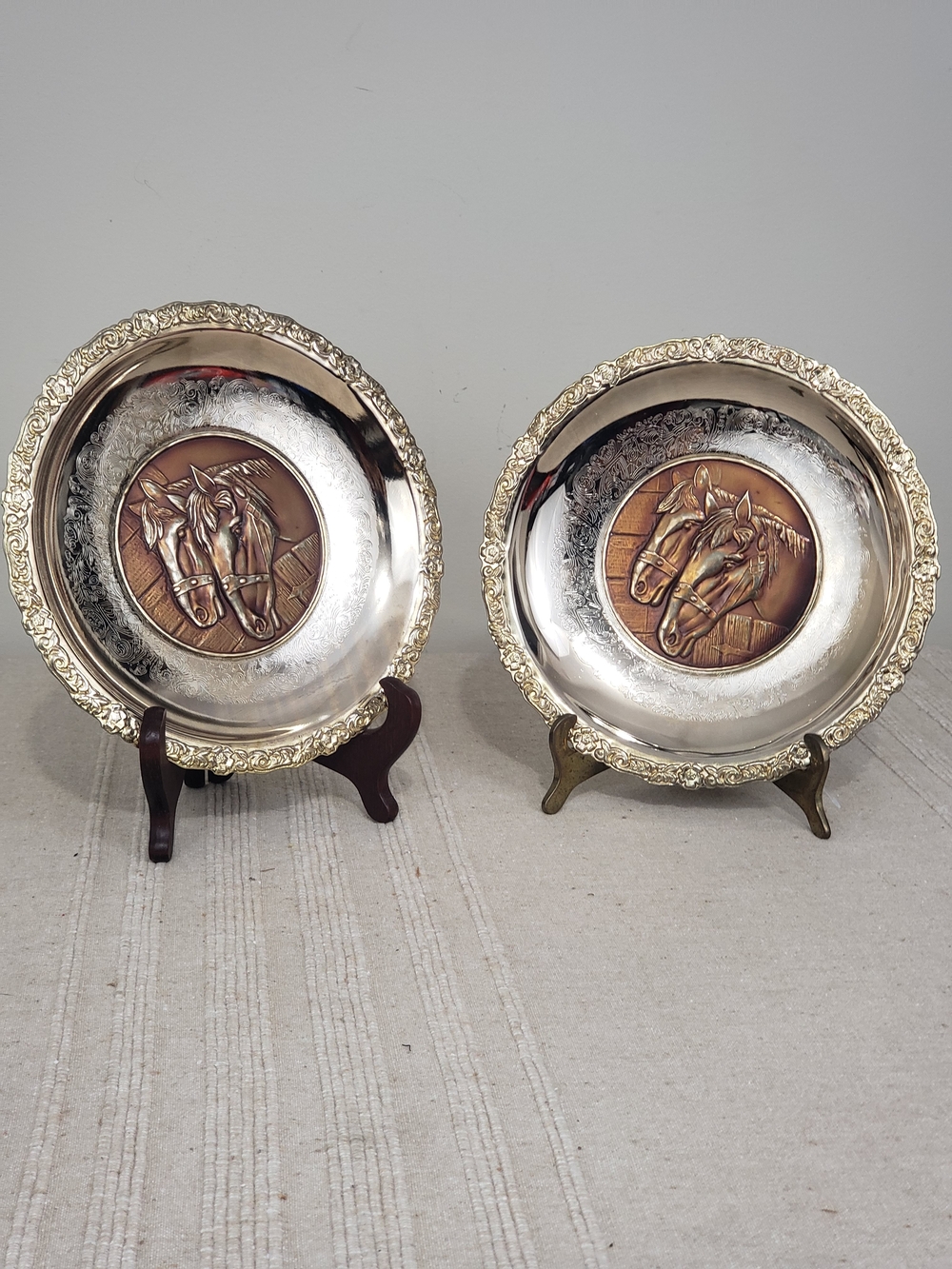Vintage Pair of Mixed Metal Equestrian Decorative Hanging Plates